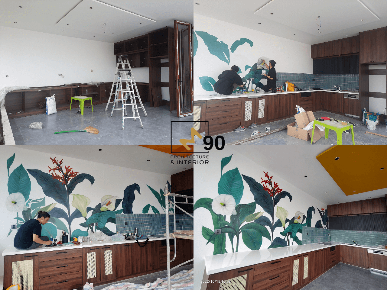 Quá trình thi công lắp đặt và trang trí bếp ở sân thương biệt thự Ehome 4 - thợ làm nội thất, Họa sĩ M90 vẽ trang trí lên tường