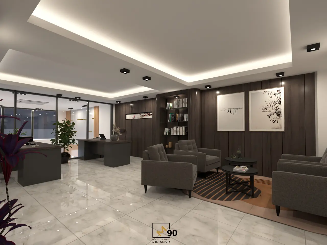 Khu vực tiếp khách trong phòng giám đốc cao cấp với sofa sang trọng và ánh sáng hiện đại tại Duy Tân TP.HCM