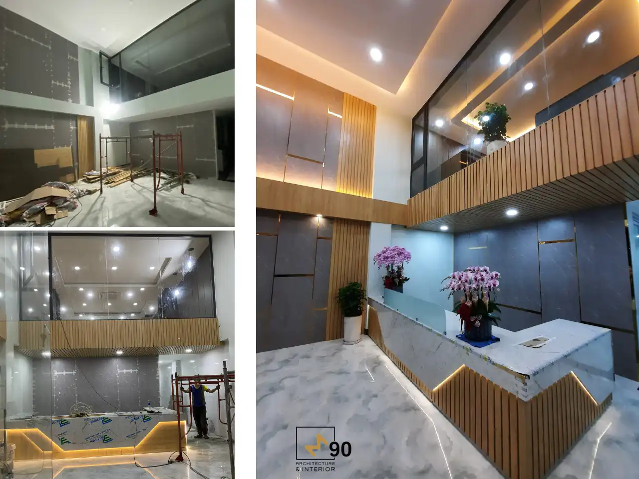Quá trình thi công nội thất văn phòng cao cấp với khu vực sảnh lễ tân tại TP.HCM