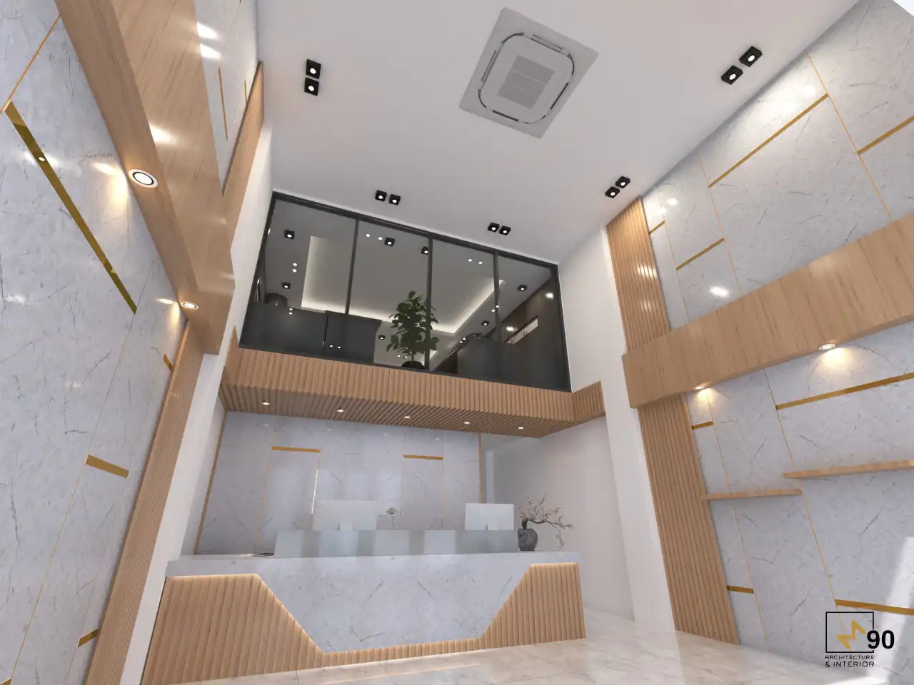 Khu vực tiếp khách văn phòng với thiết kế mở, nội thất cao cấp và ánh sáng tinh tế