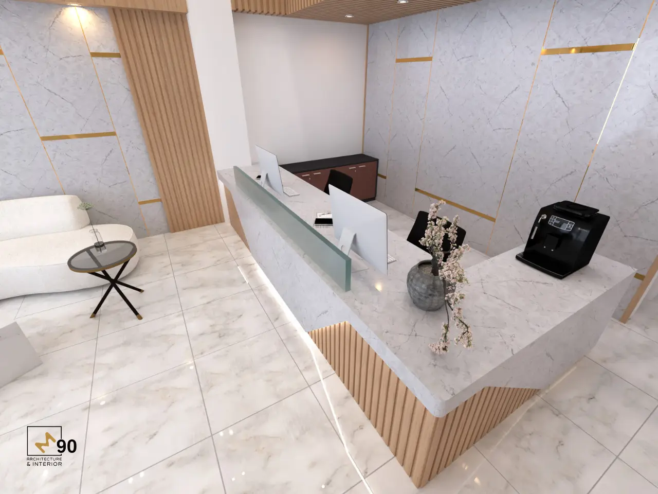 Quầy lễ tân văn phòng với thiết kế tối giản, hiện đại và tiện nghi