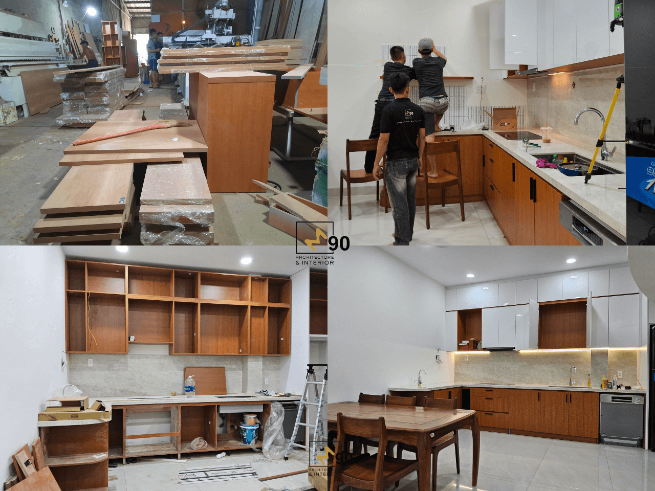 Quá trình sản xuất và thi công tủ bếp trên và tủ bếp dưới đầy đủ tiện nghi, xưởng sản xuất nội thất cao cấp M90