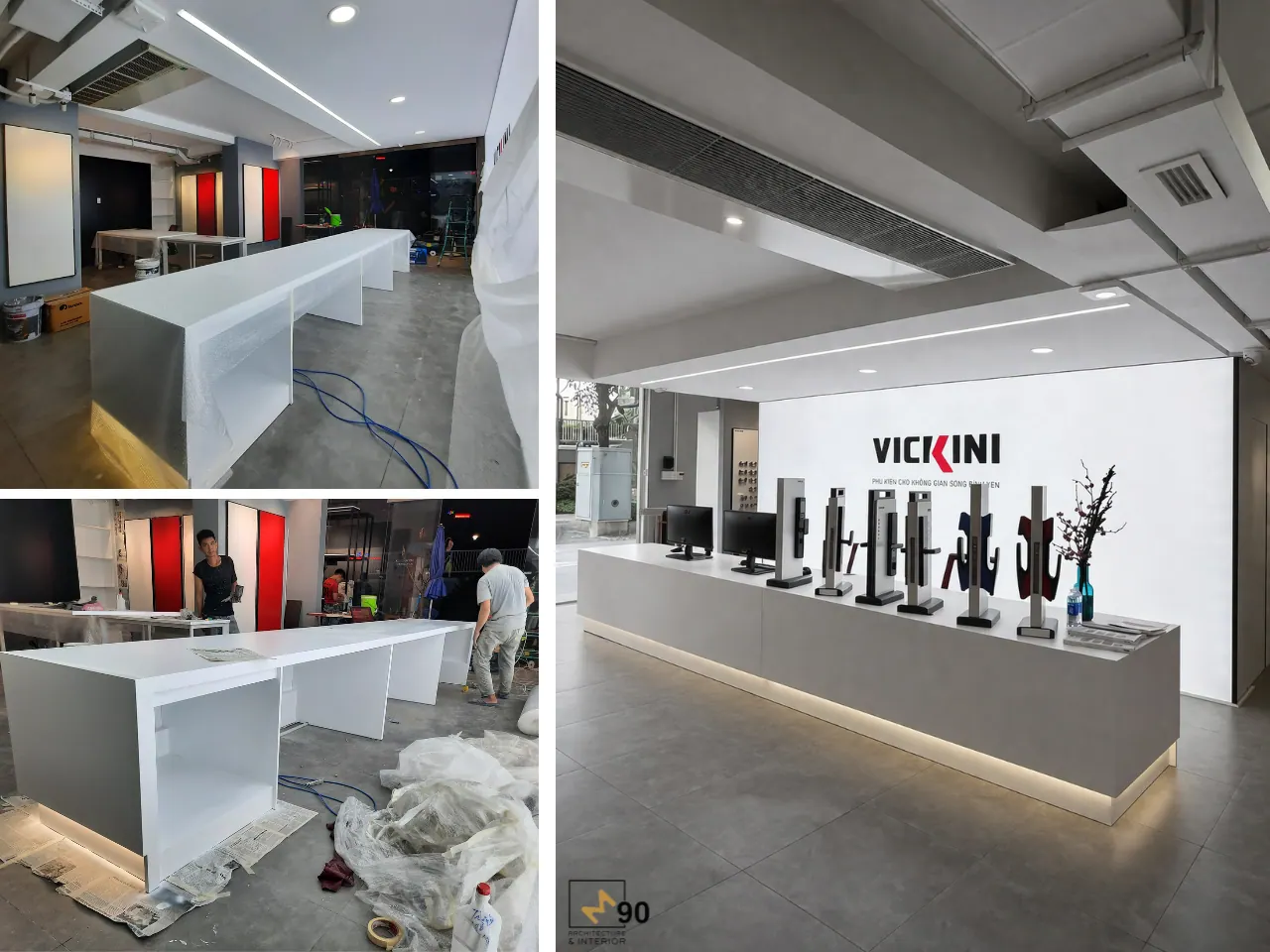 Đơn vị Nội Thất M90 đang trực tiếp thi công quầy lễ tân tại dự án thiết kế thi công nội thất showroom Vickini cao cấp