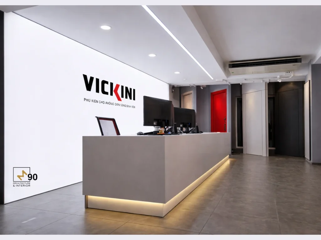 Thi công quầy lễ tân showroom Vickini hiện đại và chuyên nghiệp bởi M90.
