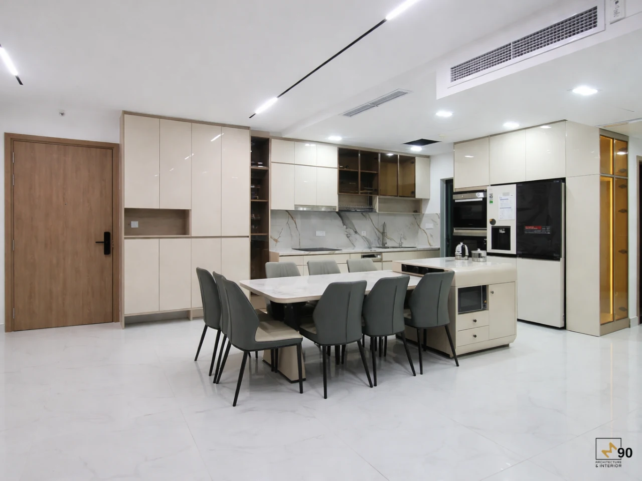 Thiết kế thi công nội thất căn hộ cao cấp phòng ngủ, Tủ bếp hiện đại do M90 sản xuất thi công